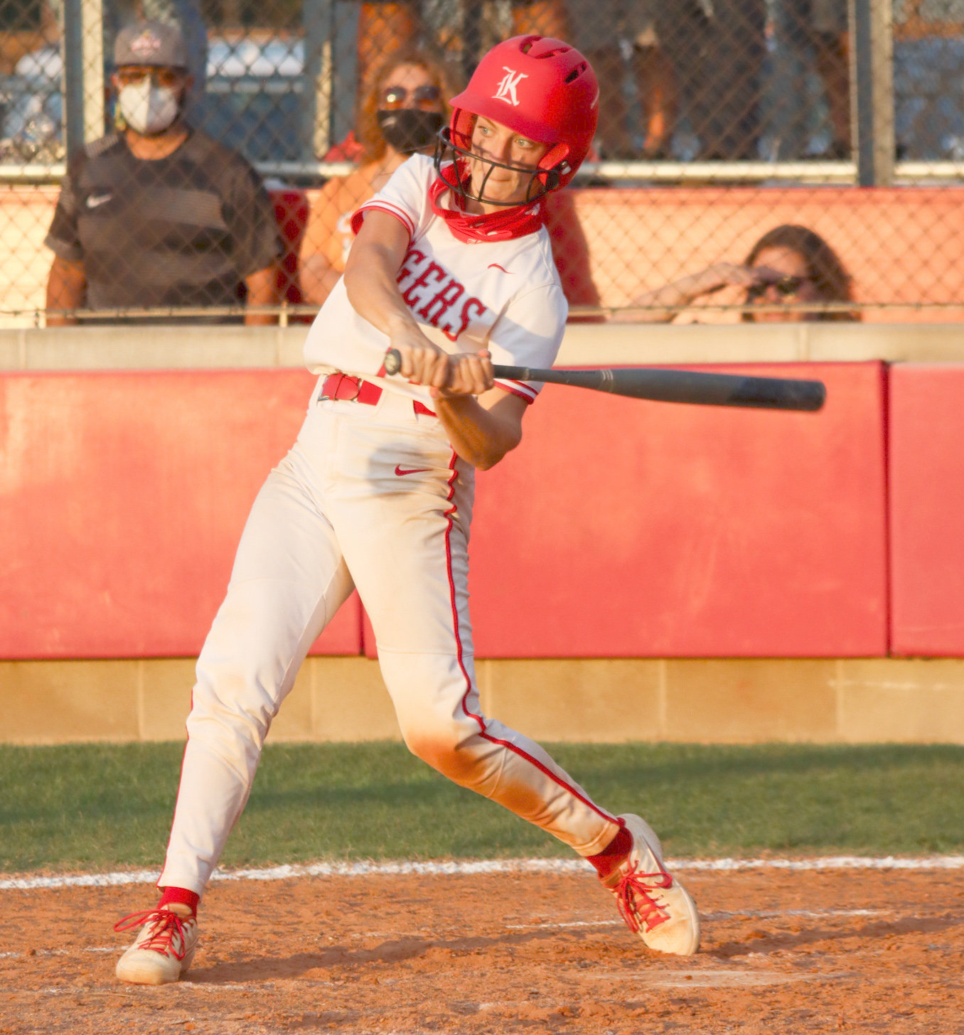 Katy High junior Kailey Wyckoff awaits the pitch during Game 2 of the team’s area playoff series against Houston Heights on Friday, May 7, at Katy High.